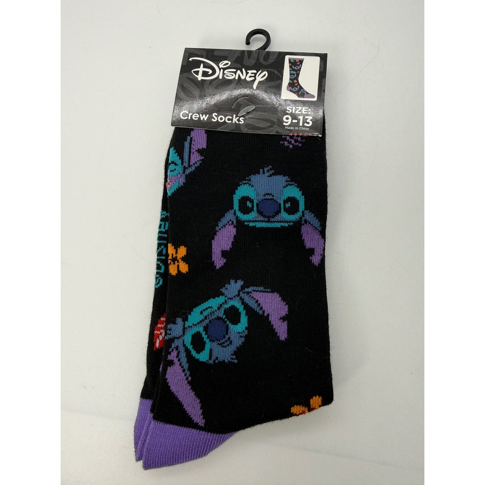 Disney Lilo &‎ Stitch Crew Socks Mens Size 9-13 Black Purple Character Print NWT